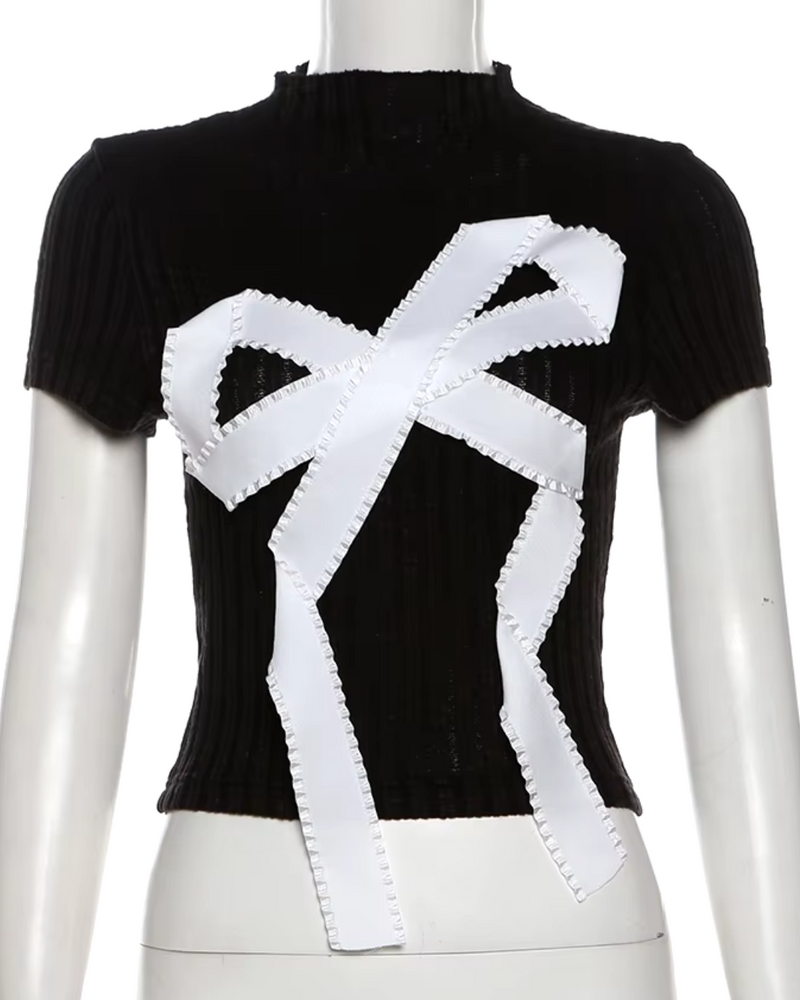 Bow Mock Neck Tee - Black
