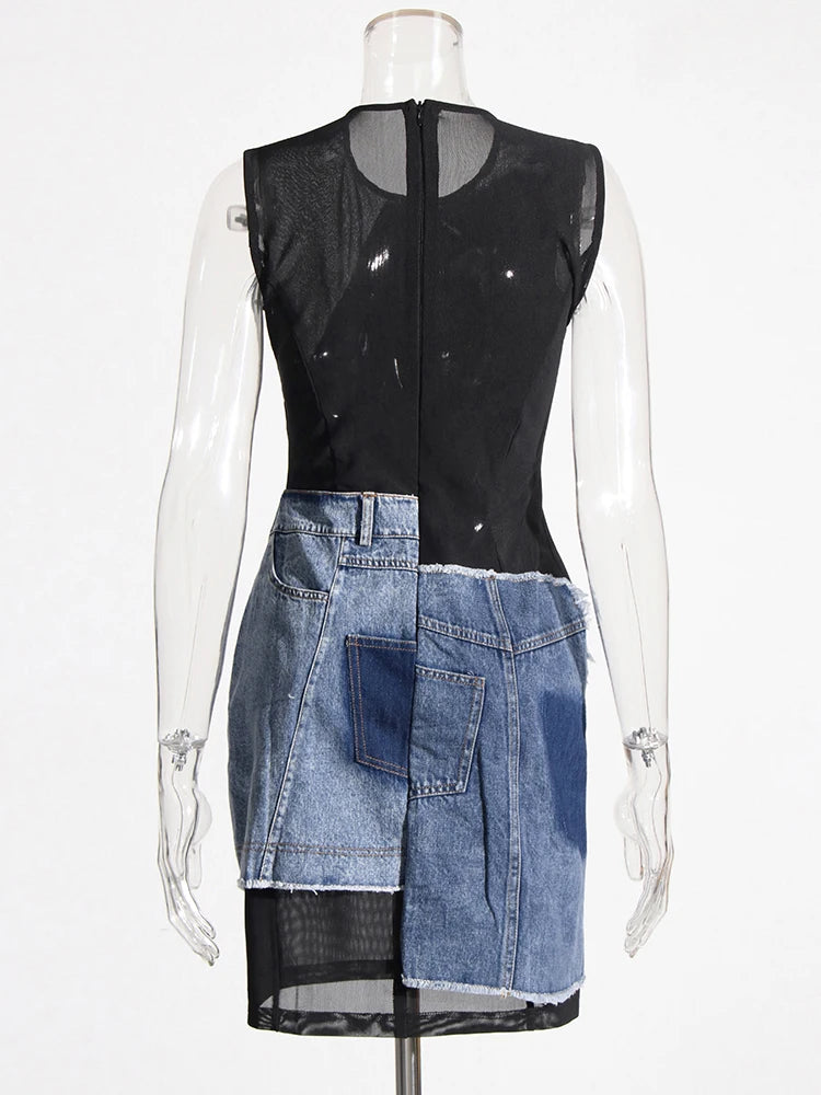 Mesh Patchwork Denim Mini