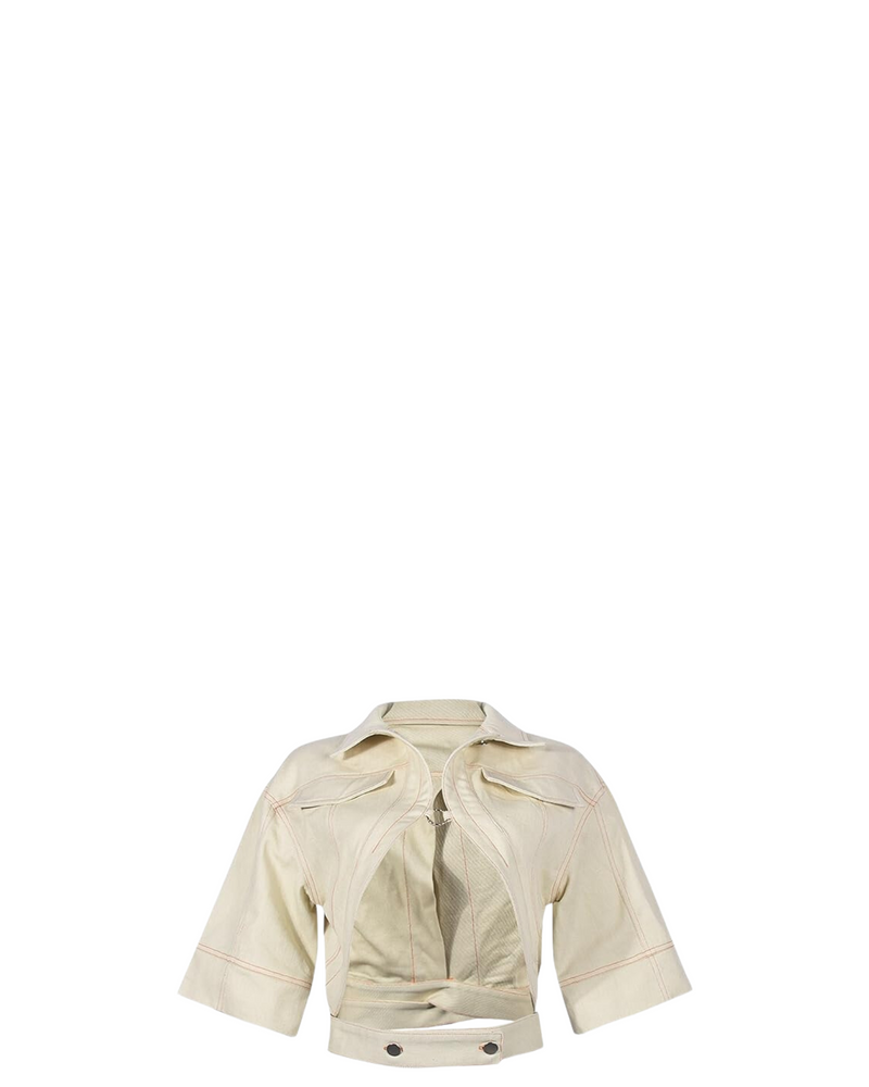 Koko Cut Out Turn-Down Collar Denim Top